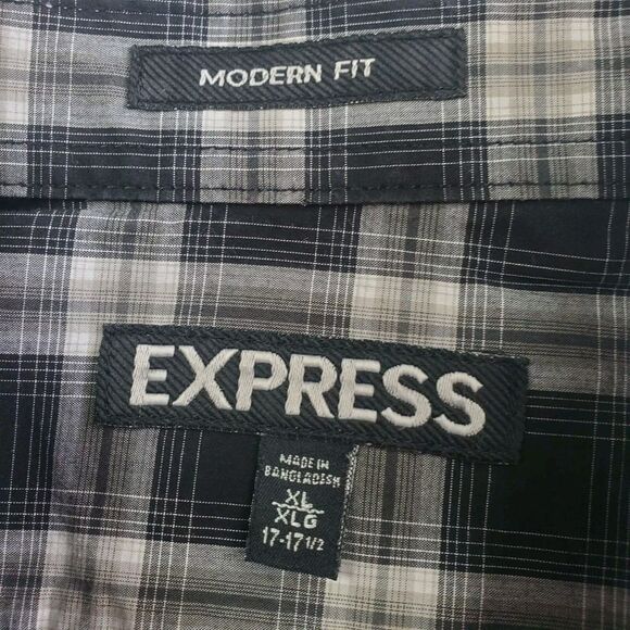 Express Button Front Shirt Mens XL Black Gray Plaid Modern Fit Neck 17.5 Casual - Picture 4 of 7